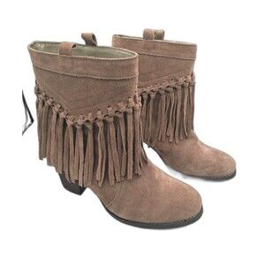 Sbicca Suede Fringe Ankle Boots Womens 8.5 Tan Western Boho Hippie Heels Leather